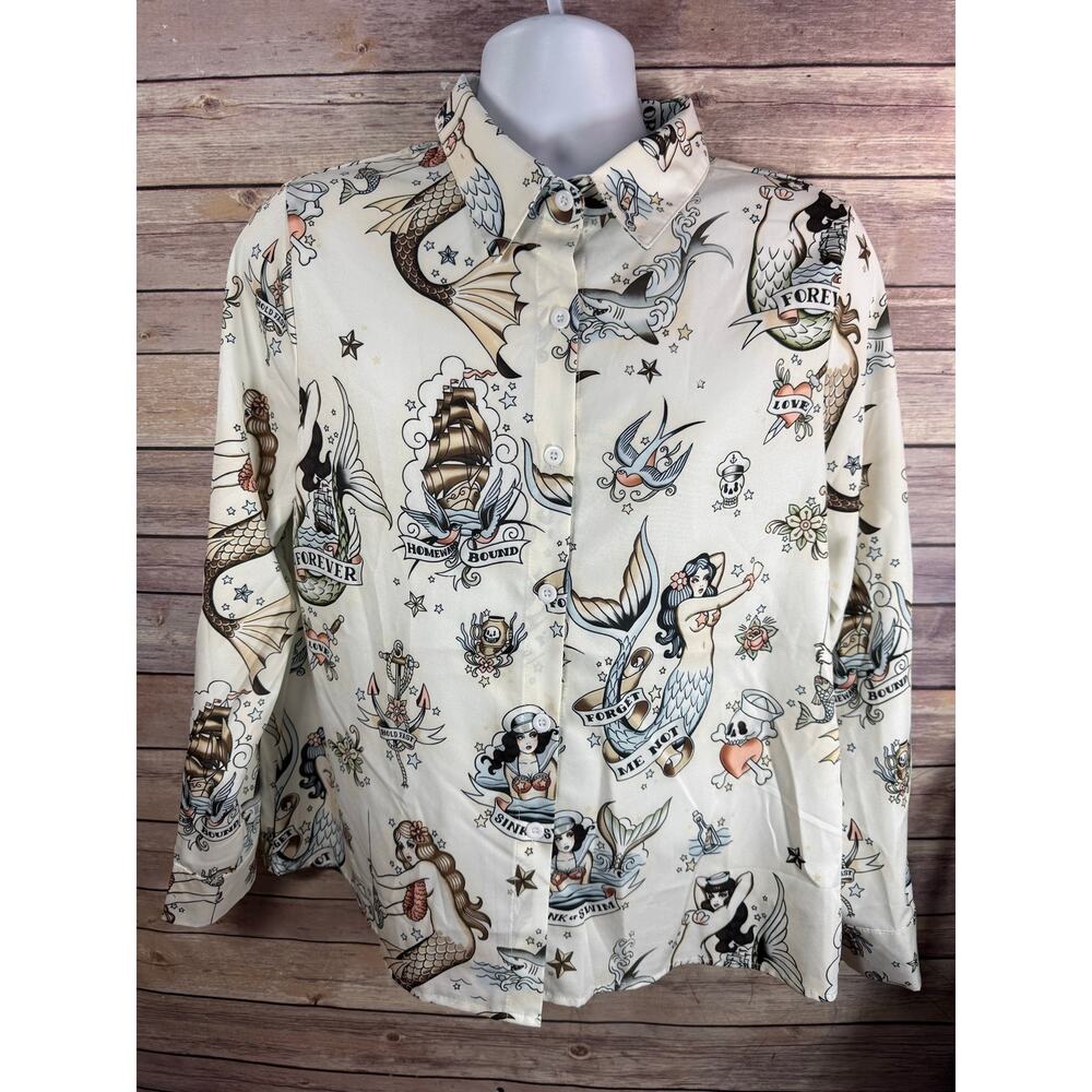 Women's Mermaid Pattern Tattoo Shirt White Button Up Women's Size XL Pin Up
